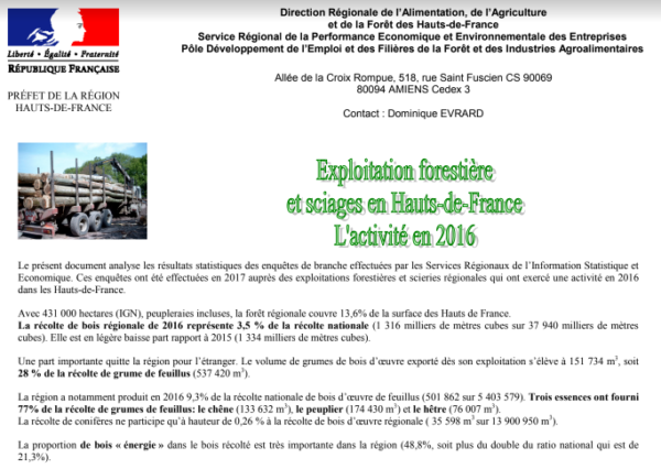 Exploitation forestière et sciages en Hauts-de-France – l’activité en 2016